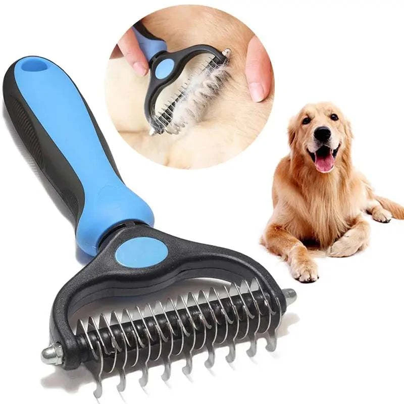 Dual-head professional pet deshedding brush with ergonomic handle for dogs and cats grooming
