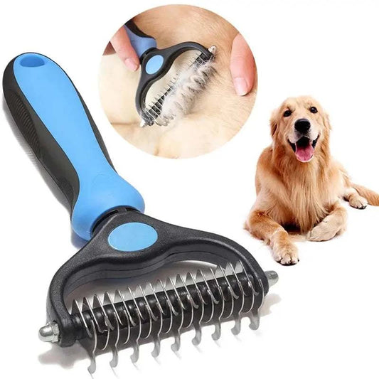 Dual-head professional pet deshedding brush with ergonomic handle for dogs and cats grooming