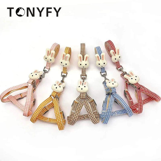 Adjustable plaid dog harness with leash set for small dogs and cats