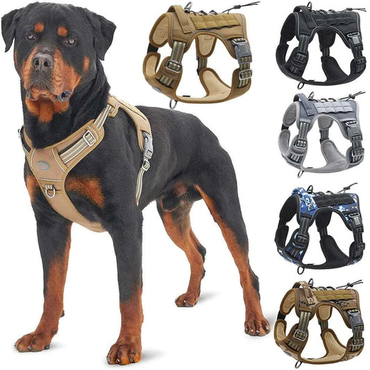 Reflective tactical dog harness with adjustable padded straps and leash set for outdoor training and walking